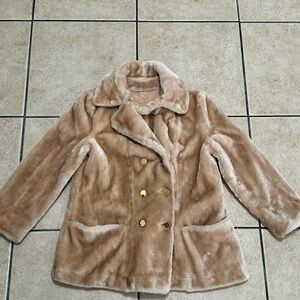 Vintage Sears Coat Womens Faux Fur Camel Beige Gold Buttons Double Breasted